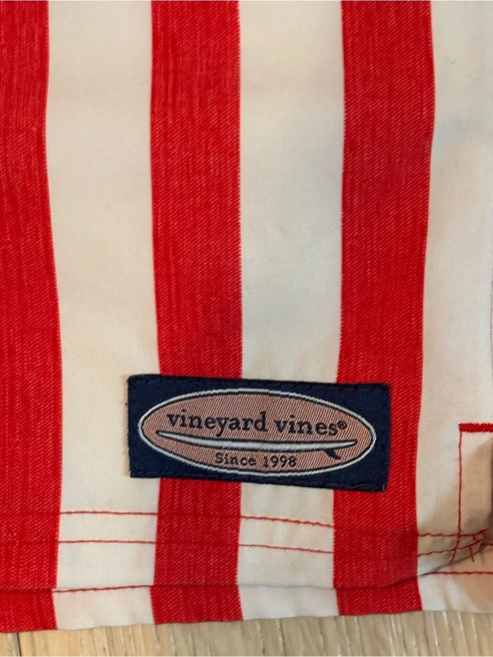 Vineyard Vines Red and White Striped Swim Trunks with Logo Patch